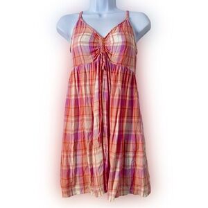 BP Plaid Cottagecore Sundress Adjustable Straps Ruched Tie Front Dress Boho S